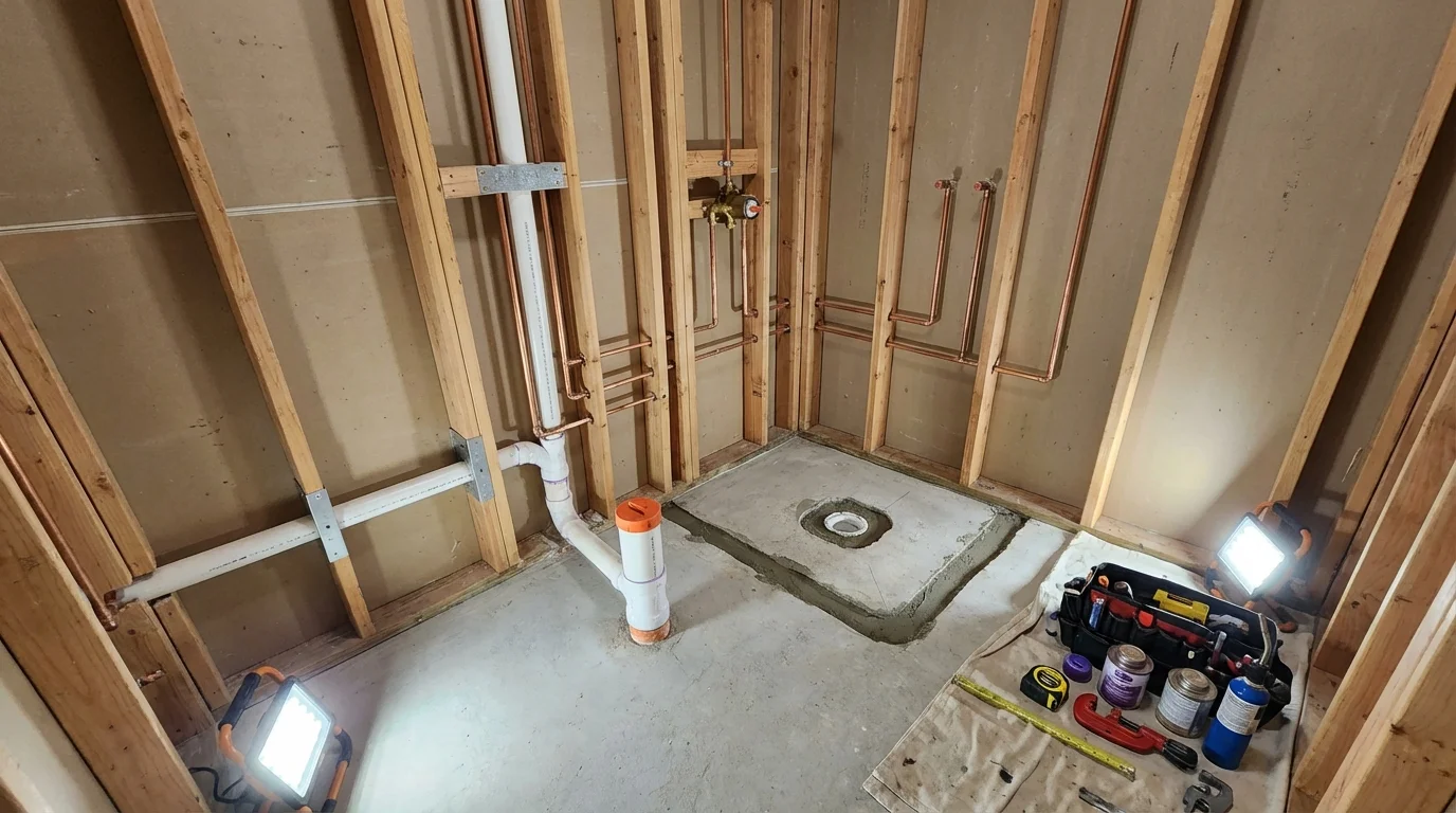 Bathroom rough-in plumbing during remodel by Johns Plumbing LLC in Monmouth