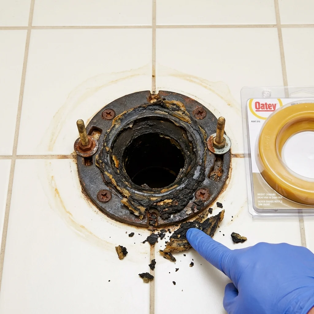 Failed wax ring showing water seepage at the base of a toilet in a Monmouth, IL home