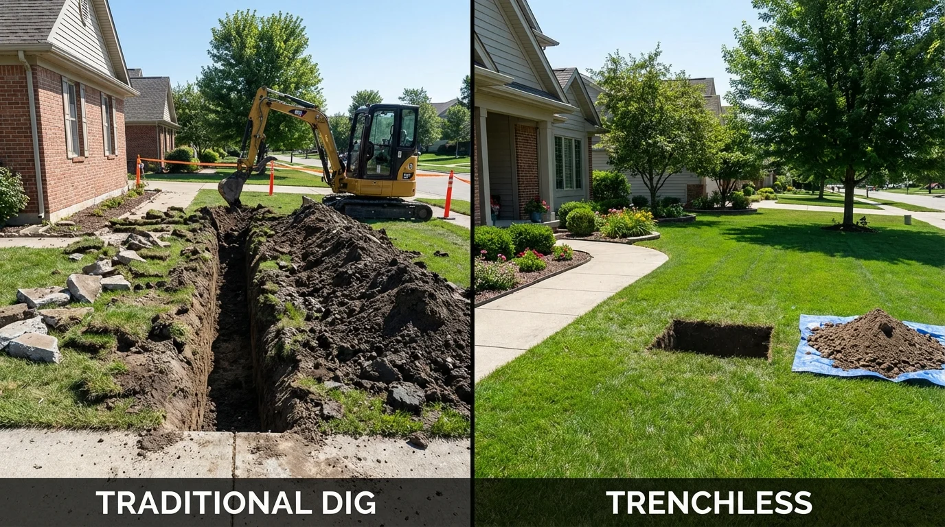 Trenchless sewer repair with minimal yard damage versus traditional excavation in Monmouth, IL