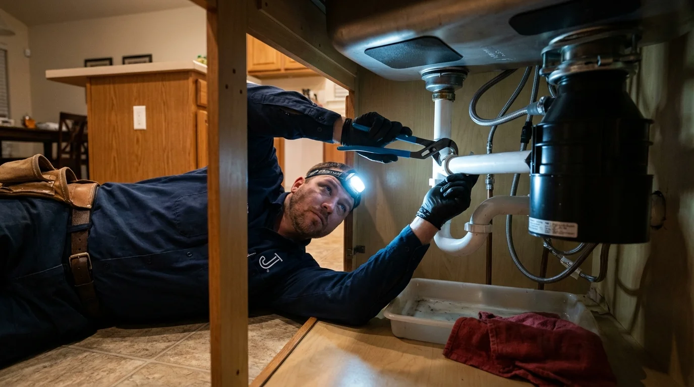 P-trap and supply line connections under a kitchen sink showing a common leak point in Monmouth, IL